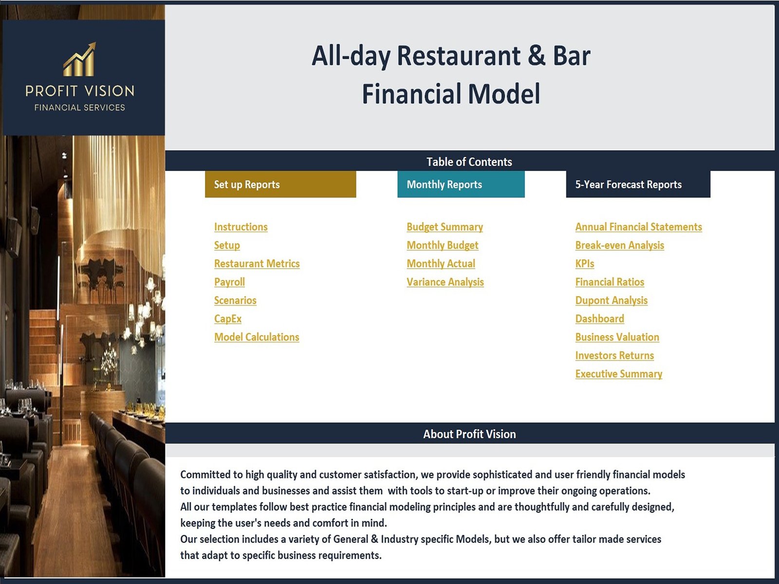 All Day Restaurant Financial Model_Contents