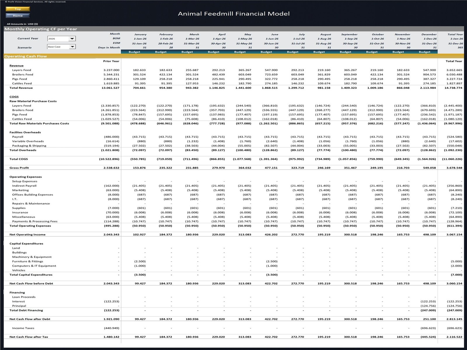 Animal Feed Mill Financial Model_Monthly Budget
