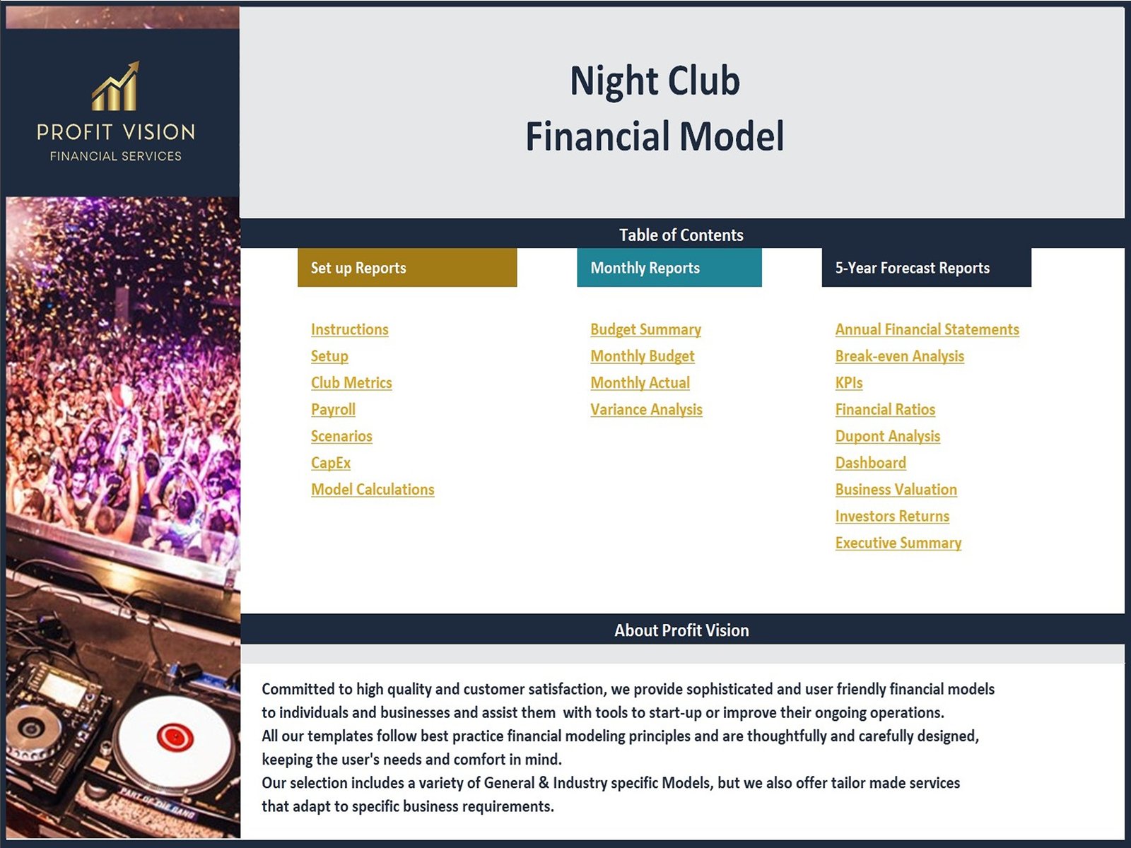 Night Club Financial Model_Contents