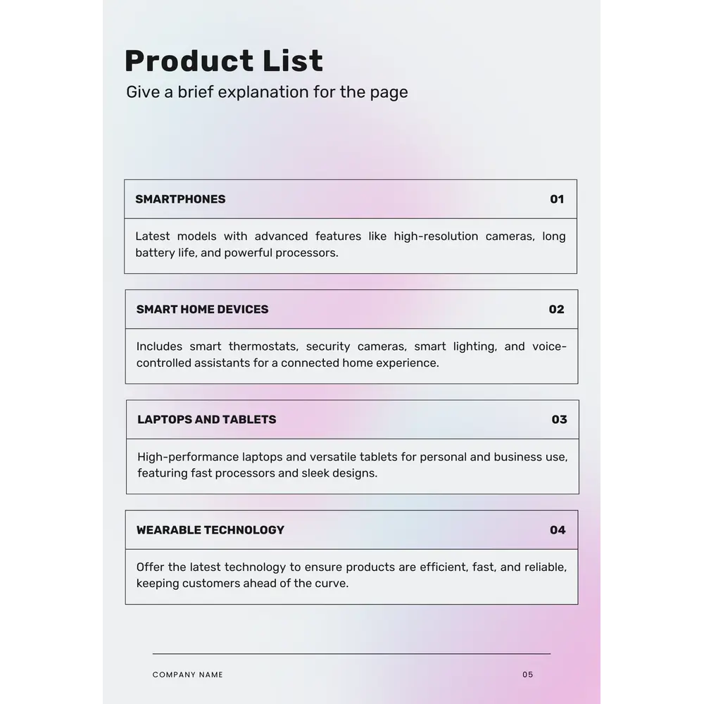Electronics Business Plan Template - Product List