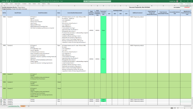 MS Excel template for Programme & Project Benefits Realization tracking