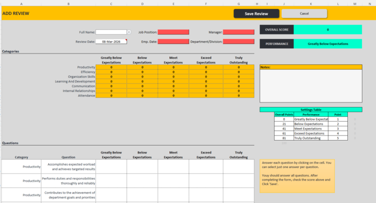 Dynamic Performance Review Excel Template